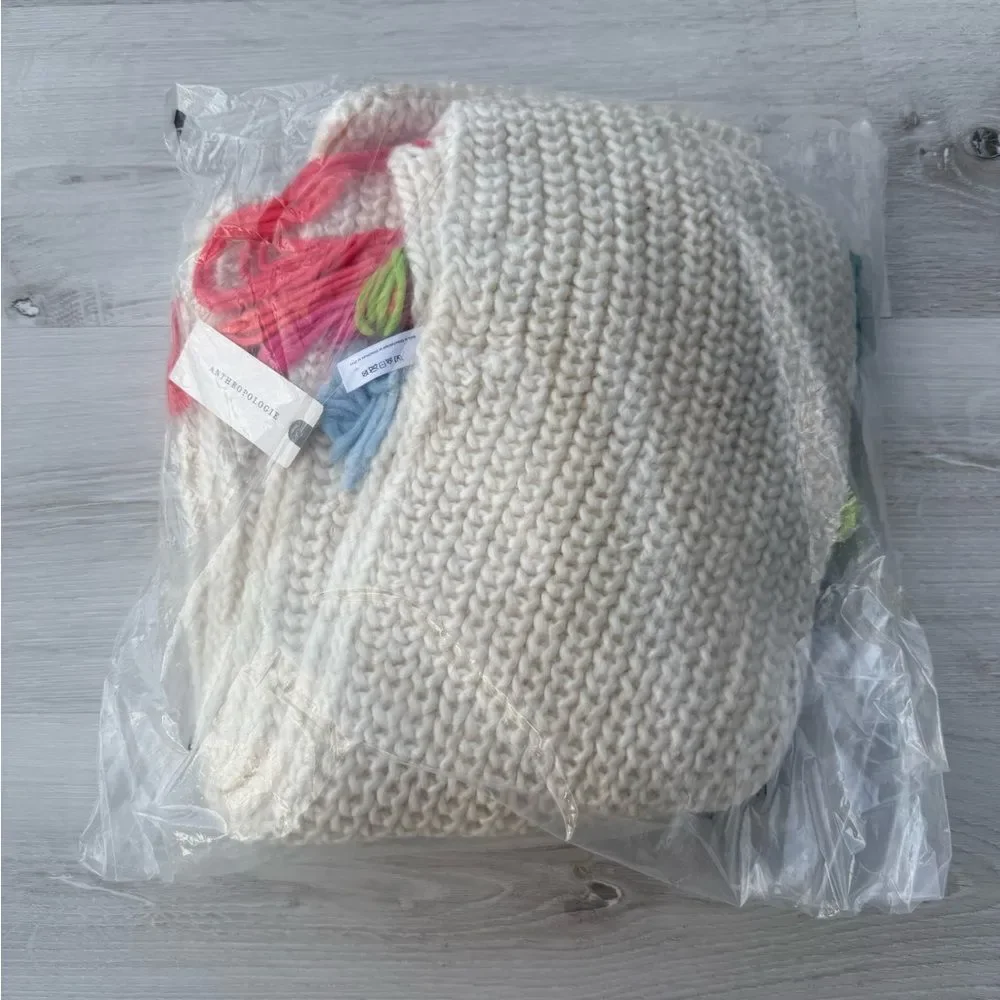 Anthropologie Colorful Fringe‎ Scarf Cream Os NWT in packaging
